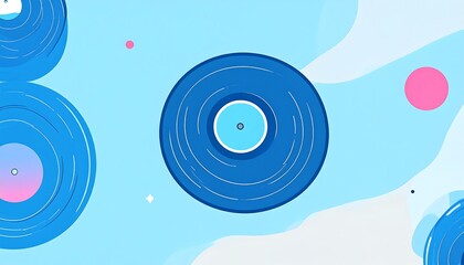 Blue records float against a light blue background with abstract shapes and pink circles