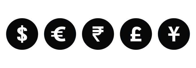 World currency signs and icons vector bundle set. Global currency symbols in circle, modern styles. Money, dollar, and world currency signs and icons vector bundle set featuring global currency symbol