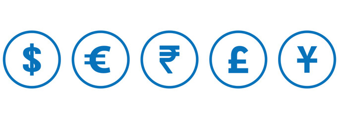 Currency symbols icons set. Vector illustration of coins with international currency symbols. Dollar, Euro, Pound, Rupee, Franc, Ruble, Yen, Won, Lira etc. world currency symbol.