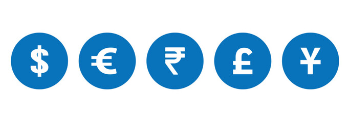 Currency symbols icons set. Vector illustration of coins with international currency symbols. Dollar, Euro, Pound, Rupee, Franc, Ruble, Yen, Won, Lira etc. world currency symbol.