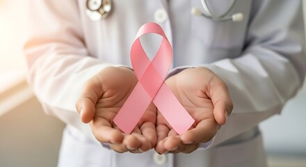 Doctor holding pink ribbon for breast cancer awareness and support.