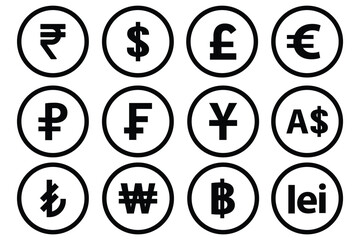 World currency signs and icons vector bundle set. Global currency symbols in circle, modern styles. Money, dollar, and world currency signs and icons vector bundle set featuring global currency symbol