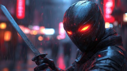 Mysterious armored warrior with glowing red eyes holding a katana sword in a rainy cyberpunk city at night.