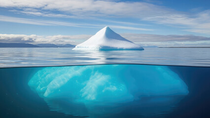 Iceberg floating in the ocean with a clear blue sky