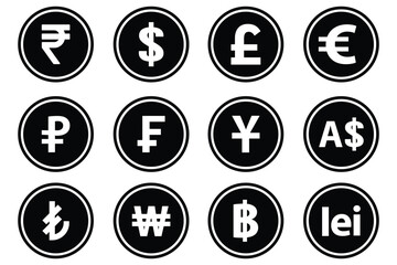 World currency signs and icons vector bundle set. Global currency symbols in circle, modern styles. Money, dollar, and world currency signs and icons vector bundle set featuring global currency symbol