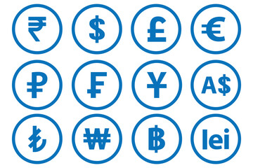 Currency symbols icons set. Vector illustration of coins with international currency symbols. Dollar, Euro, Pound, Rupee, Franc, Ruble, Yen, Won, Lira etc. world currency symbol.