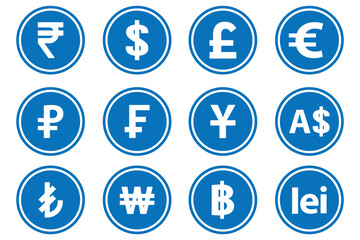 Currency symbols icons set. Vector illustration of coins with international currency symbols. Dollar, Euro, Pound, Rupee, Franc, Ruble, Yen, Won, Lira etc. world currency symbol.