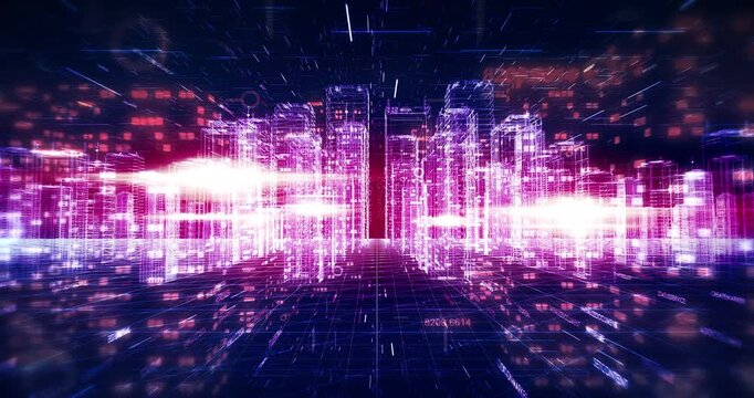 Digital wireframe city animation transitioning to modern server room footage. Digital virtual world 3D concept animation.