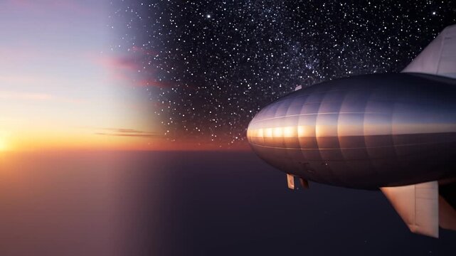 Airship Floating Through the Sky at Sunset and Night Time