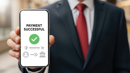 Successful Payment Transaction: Businessman holding smartphone showing payment successful screen for secure online bank purchase