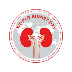 World kidney day emblem featuring two kidneys with a world map a red dashed circle on transparent background