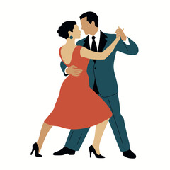 A couple dances the tango with passion and grace in formal attire.