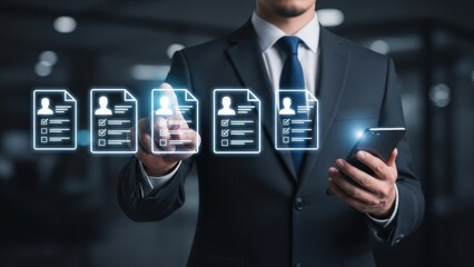 Employee Recruitment Selection: Businessman using smartphone to review digital candidate profile lists for professional hiring process