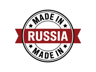 Obraz premium Vector illustration of a circular black and white Made in Russia seal with a red ribbon isolated on a white background for product packaging.