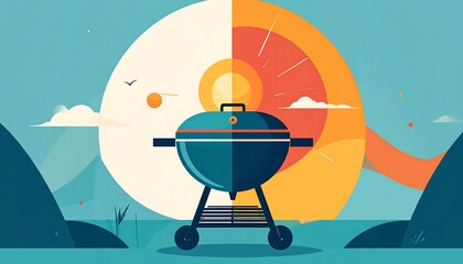 Blue barbecue grill stands before a stylized sun, clouds, and mountains against a teal background