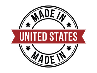 Obraz premium Circular vector stamp with Made in United States text and stars on a red ribbon banner isolated on white background for product packaging and export.
