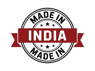 Fototapeta premium Circular vector stamp with Made in India text and stars on a red ribbon banner isolated on white background for product packaging.