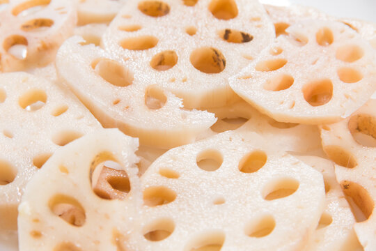 A close-up view of raw lotus root slices arranged on a white plate, showing natural holes and texture.