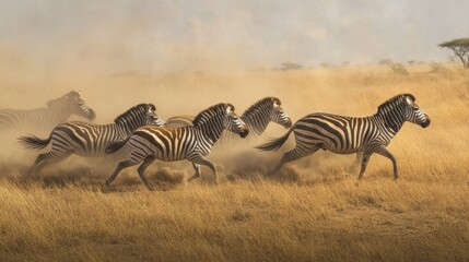 African Zebras galloping through dusty golden savanna grass, creating a powerful wildlife motion scene.