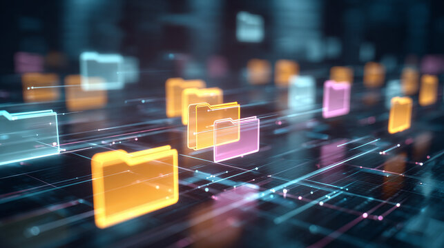 Futuristic digital file management with illuminated folder icons and data streams, offering efficient and visually dynamic file organization. - Powered by Adobe