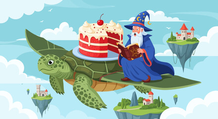 Woman Sitting on Turtle with Cake.