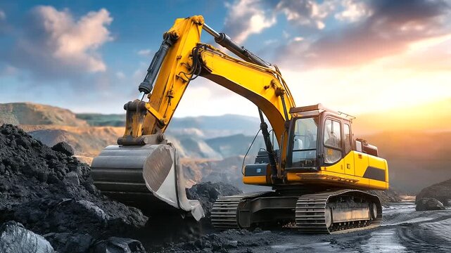 Heavy excavator with coal mining equipment during day operations, extraction machinery working, industrial vehicle, defocused mining site, with copy space