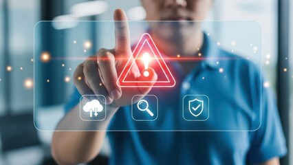 Cyber Security Alert: Person touching glowing red warning triangle on virtual screen for network threat detection and prevention