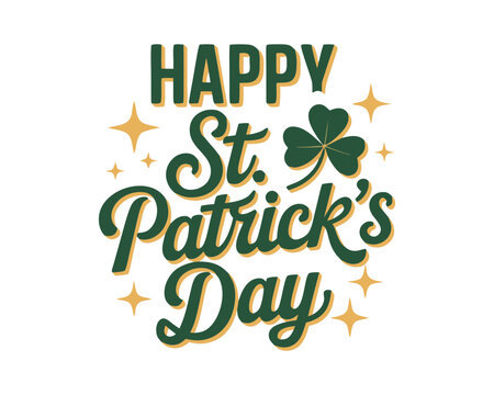Happy St. Patrick Day lettering poster with green shamrock and orange stars. Irish traditional holiday. For greeting cart, poster, banner, flyer, web pages, social media. Isolated vector illustration