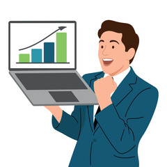 A businessman celebrates the success shown on his laptop screen with a rising graph.