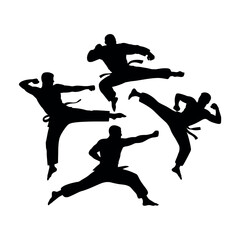 Silhouettes of martial artists performing dynamic kicks and punches in unison.