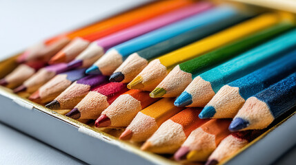 A vibrant array of colored pencils lined up in a box, tips showing. A colorful collection for art, creativity, and school projects.