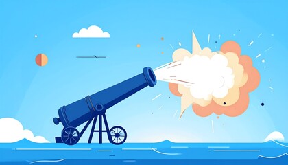 Blue cannon fires blast over blue ocean in daytime, with clouds and sun in the clear sky, gradient landscape