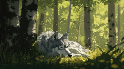 Peaceful gray wolf resting in a sun-dappled forest, digital painting of wildlife in lush green grass with birch trees.