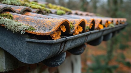 Close-up of an old terracotta roof with green moss, light blue lichen, and vibrant orange fungi growing in a dark gutter.