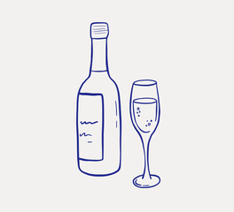 Hand drawn wine bottle and glass outline illustration. Hand draw la dolce vita doodle sketch