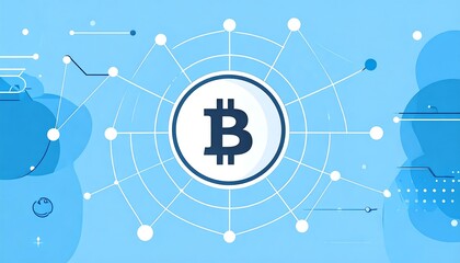 Bitcoin symbol centered on a blue network, connecting to nodes in a techy-abstract vector illustration