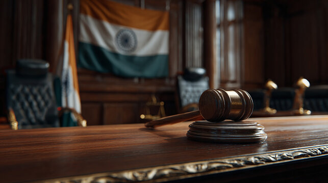 Wooden Gavel on Polished Desk in Indian Courtroom. Symbol of Law and Justice. Respect for Indian legal system in the land of justice.