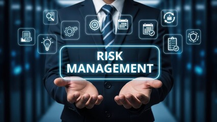 Corporate Risk Management: Businessman presenting glowing risk management button with financial and security icons for assessment
