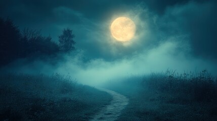 Mysterious full moon night landscape with a winding path disappearing into dense fog and dark trees
