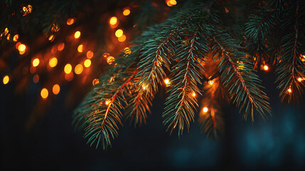A festive Christmas scene showcases a pine branch adorned with sparkling, golden fairy lights, set against a dark, moody backdrop. #ChristmasMagic