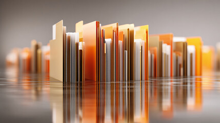 Obraz premium A striking abstract image of paper documents with reflections on a glossy surface, creating a sense of depth and visual interest, and unique patterns.