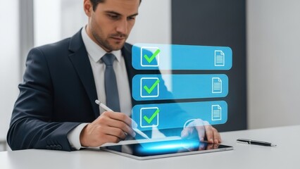 Digital Compliance Checklist: Businessman using stylus on tablet to check virtual list for quality assurance and official verification