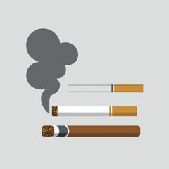 Three cigarettes are shown with smoke rising from one of them.