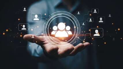 Employee Networking Management: Businessman holding glowing group icon for corporate team building and professional recruitment
