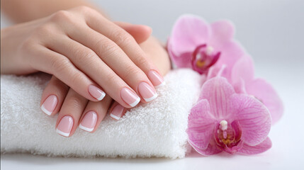 Elegantly manicured hands rest on a soft towel, accented by delicate pink orchids, exemplifying beauty, care, and a touch of floral serenity.