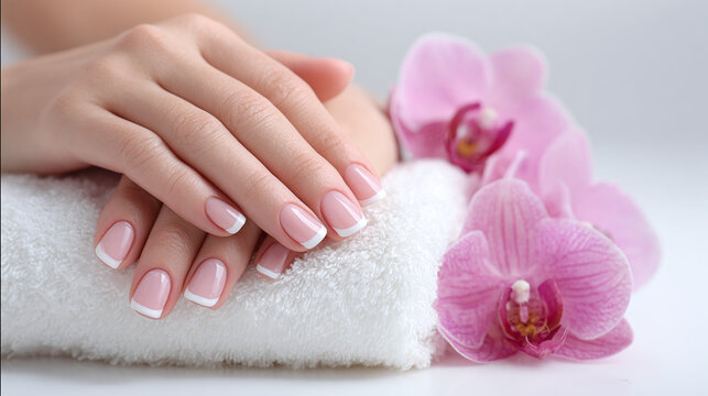 Elegantly manicured hands rest on a soft towel, accented by delicate pink orchids, exemplifying beauty, care, and a touch of floral serenity.
