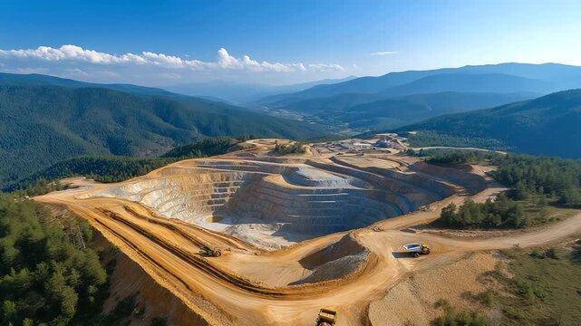 Aerial top view of open pit mine for gold, diamond, silver, minerals or copper extraction concept, quarry operation from above, defocused terrain, with copy space