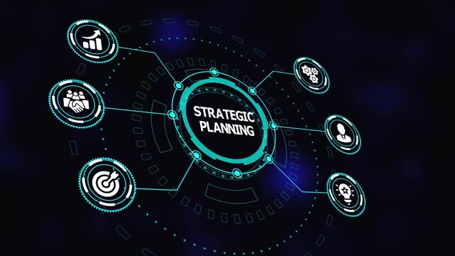 Strategic management concept with intelligent systems dashboard, connected decision icons, analytics driven control and enterprise planning network.