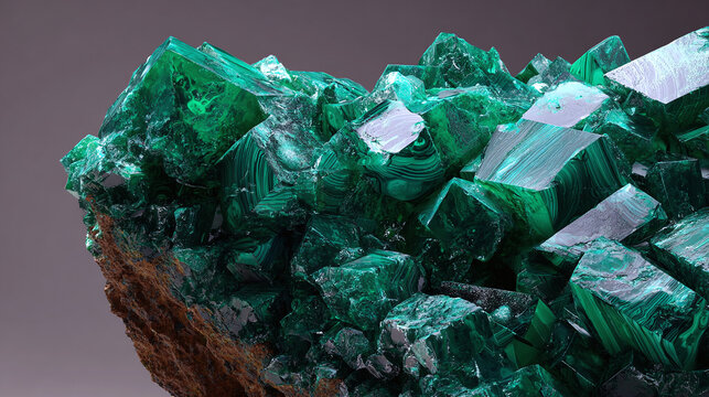 Malachite mineral specimen showcasing vibrant green crystals and intriguing formations, sparkling with a glassy, vitreous luster.