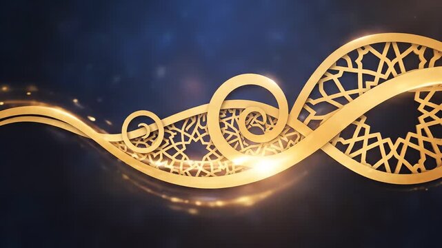 Animated gold ramadhan background with intricate patterns and glowing lights on a dark blue gradient, creating a festive and celebratory atmosphere.
